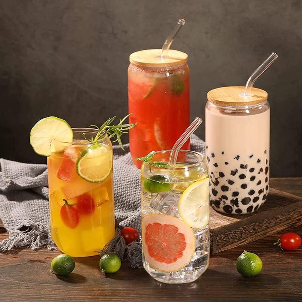 Set de 4 verres à boire avec Pailles en Verres - Idéal pour le café glacé, Water et