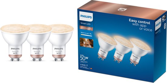 Philips Spot 50W PAR16 GU10 x3, Intelligente verlichting, Wi-Fi/Bluetooth, Wit, LED, GU10, Warm wit