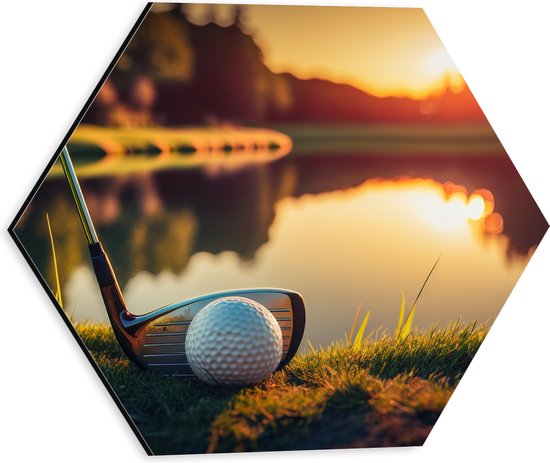 Dibond Hexagon - Golf - Golfbal - Golfclub - Zonsondergang - Gras - Water - 30x26.1 cm Foto op Hexagon (Met Ophangsysteem)
