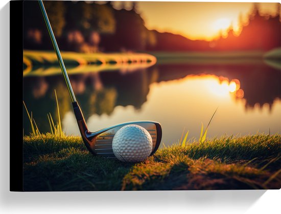 Canvas - Golf - Golfbal - Golfclub - Zonsondergang - Gras - Water - 40x30 cm Foto op Canvas Schilderij (Wanddecoratie op Canvas)