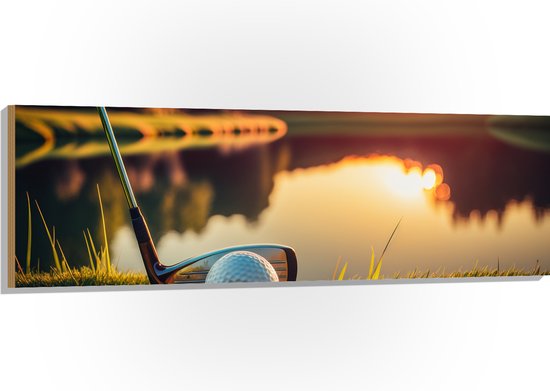 Hout - Golf - Golfbal - Golfclub - Zonsondergang - Gras - Water - 150x50 cm - 9 mm dik - Foto op Hout (Met Ophangsysteem)