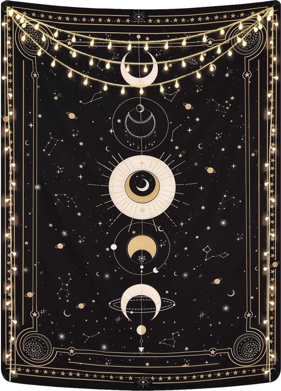 Maanfasen wandtapijt, mysterieuze sterrenhemel, tarotkaarten, wandtapijt, esthetische retro astrologie, muurkunst voor slaapkamer en woonkamer, zwart, 210 x 150 cm