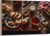 Hout - Eten - Drinken - Thee - Brood - Fruit - Bloemen - Bestek - 100x75 cm - 9 mm dik - Foto op Hout (Met Ophangsysteem)
