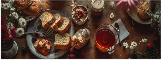 Poster Glanzend – Eten - Drinken - Thee - Brood - Fruit - Bloemen - Bestek - 60x20 cm Foto op Posterpapier met Glanzende Afwerking