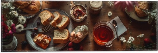 Vlag - Eten - Drinken - Thee - Brood - Fruit - Bloemen - Bestek - 60x20 cm Foto op Polyester Vlag