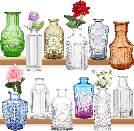 Mini vase, vases en verre, 12 pièces, petite décoration de table outdoor, décoration de mariage, vase à fleurs vintage pour décoration salon, salle de bain, anniversaire, mariage, garden-party, cadeau fête des mères, avec