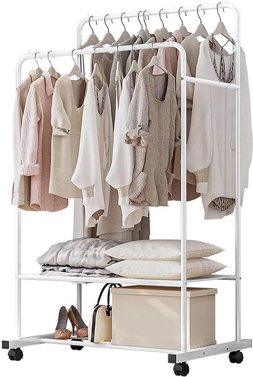 Kledingrek, Rolbare kledingkast, dubbele kledingkast met wieltjes, kledingrek van metaal, met 2 planken, professioneel, wit, voor kleedkamer, woonkamer, slaapkamer, 80,5 x 51 x 155 cm, wit