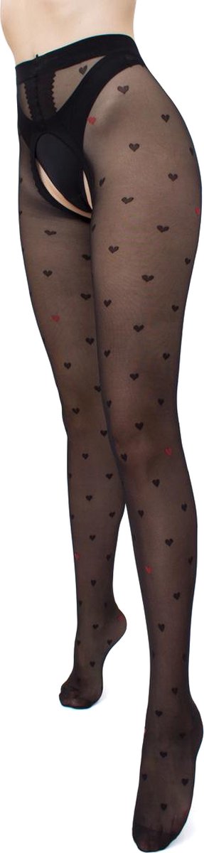 Giulia - Intimo Fashion licht glanzende 20den Panty met hartjes en open kruis - Zwart - L