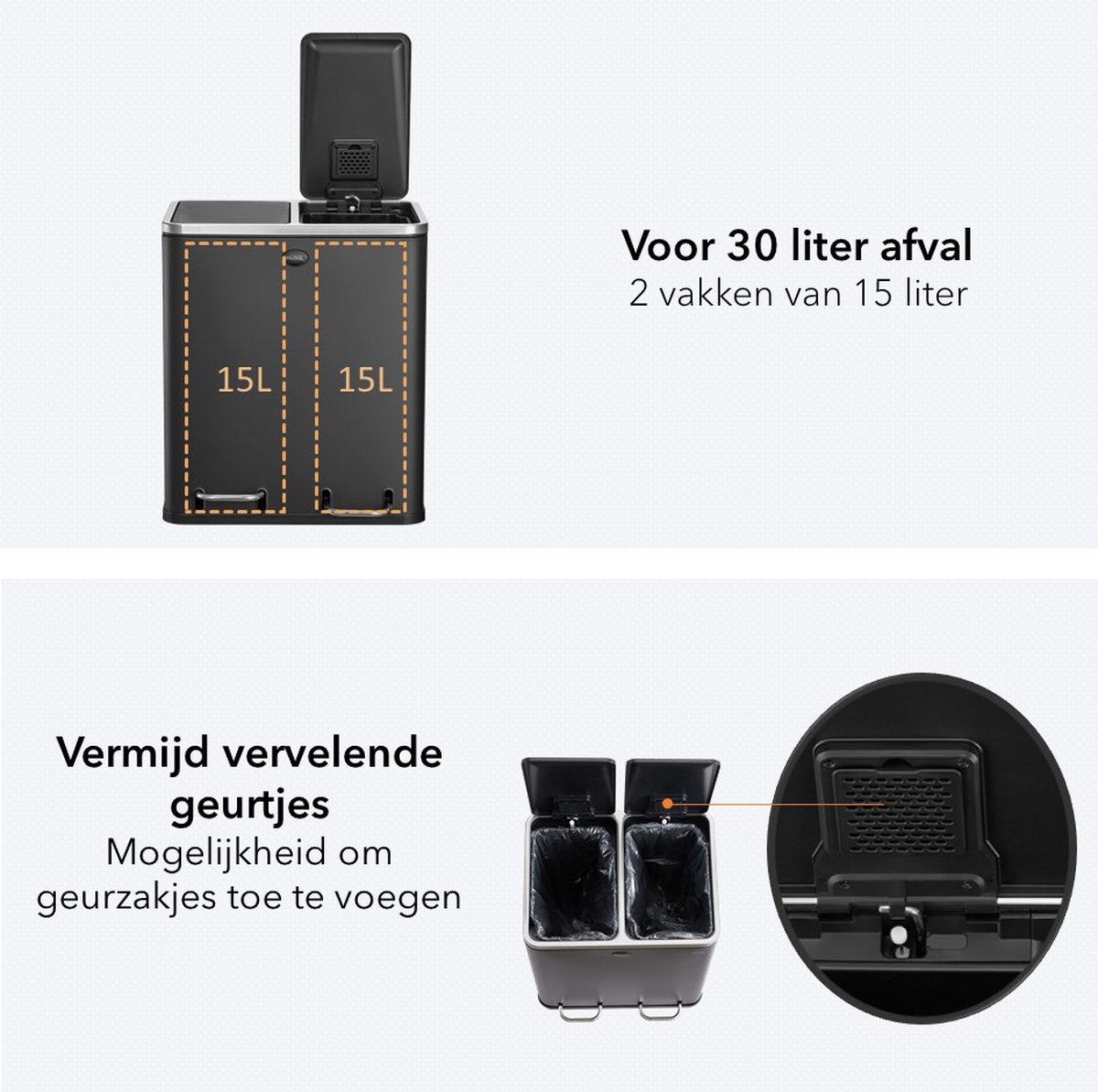 COSTWAY Mülleimer Inneneimer herausnehmbar, 2 Fächer, 2 x 30L, aus Edelstahl, Abfalleimer, Abfallbehälter