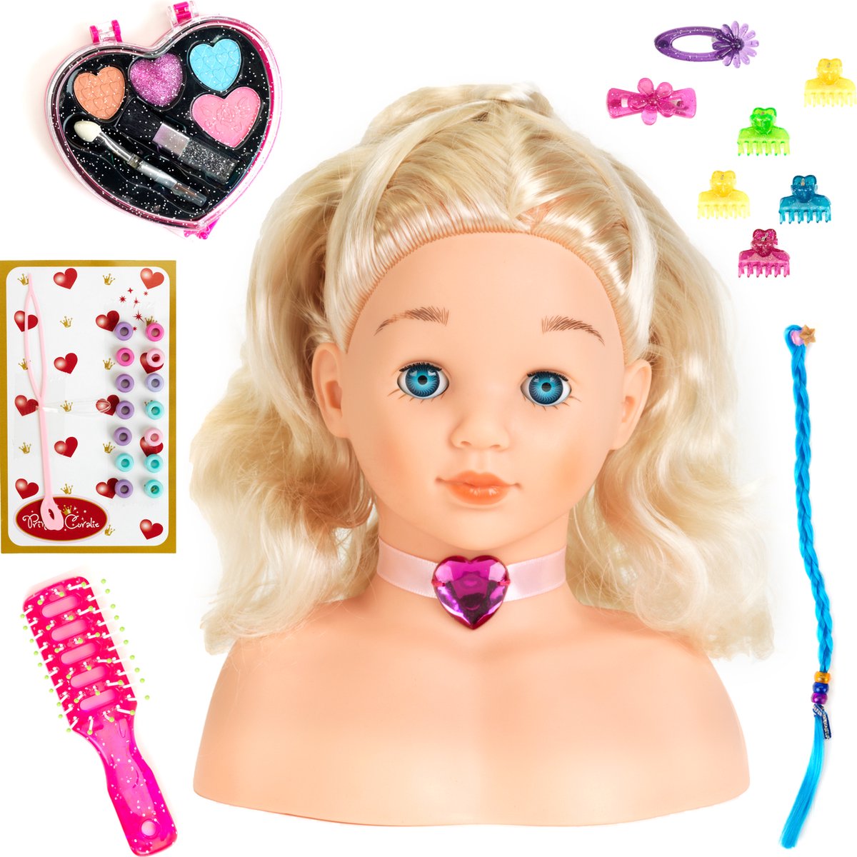 Klein Toys Princess Coralie - Kaphoofd '' Little Sophia''' met make-up - 22 cm groot - wasbaar - met haarborstel, kam, haarclips - dermatologisch geteste make-up