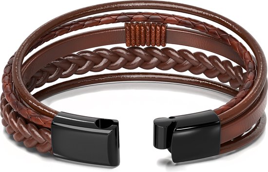 Malinsi Armband Heren - Bruin Snoeren - RVS en Leer - 20 cm + 2 cm verlengstuk - Armbandje Mannen - Malinsi