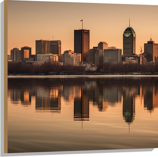 Hout - Gebouwen - Water - Weerkaatsing - Gebouwen - Stad - 80x80 cm - 9 mm dik - Foto op Hout (Met Ophangsysteem)