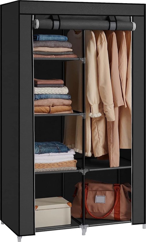 Stoffenkast, garderobe, 2 kledingrails, 6 legplanken, diverse montagemogelijkheden, 88 x 45 x 168 cm, voor slaapkamer, kleedkamer, zwart RYG84H