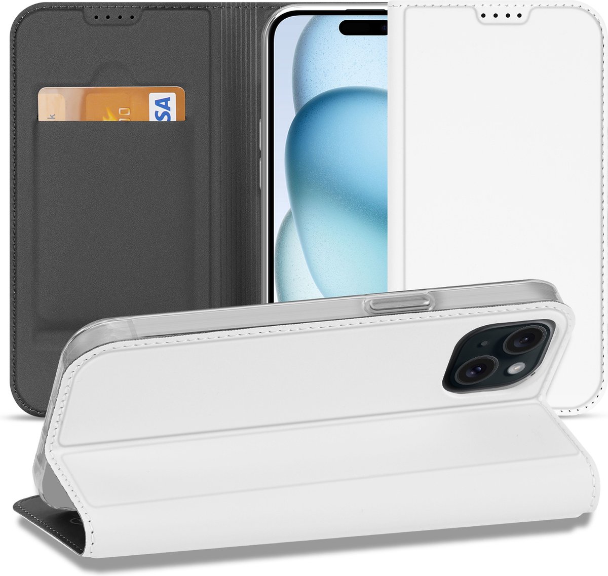 Stand Case Hoesje Geschikt voor de iPhone 15 Wit met Pashouder