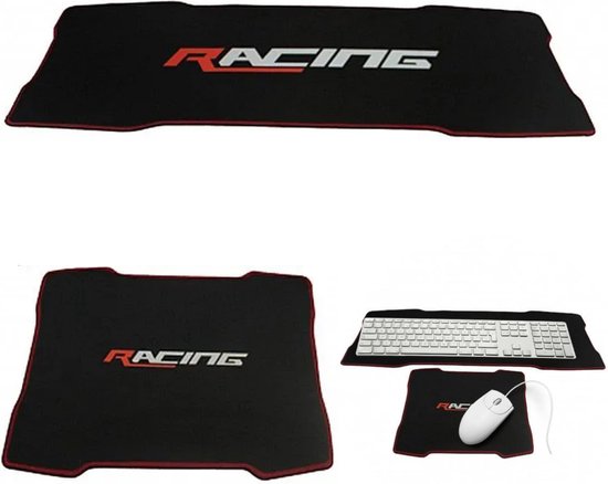 Set van zwarte muismat en keyboardmat met rode bies en 'RACING' logo. Toetsenbord op keyboardmat, muis op muismat.