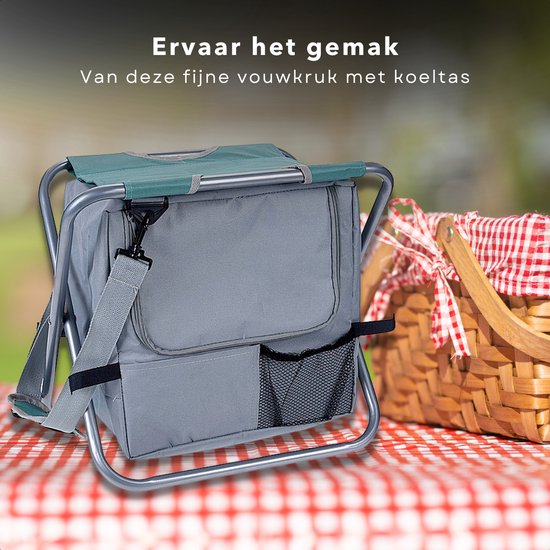 Cheqo® Vouwkruk met Koelbox - Koeltas Opvouwbaar - 30x30x20 cm - Campingstoel - Vissersstoel - Reistas - Stoel - Groen van Cheqo — afbeelding 2