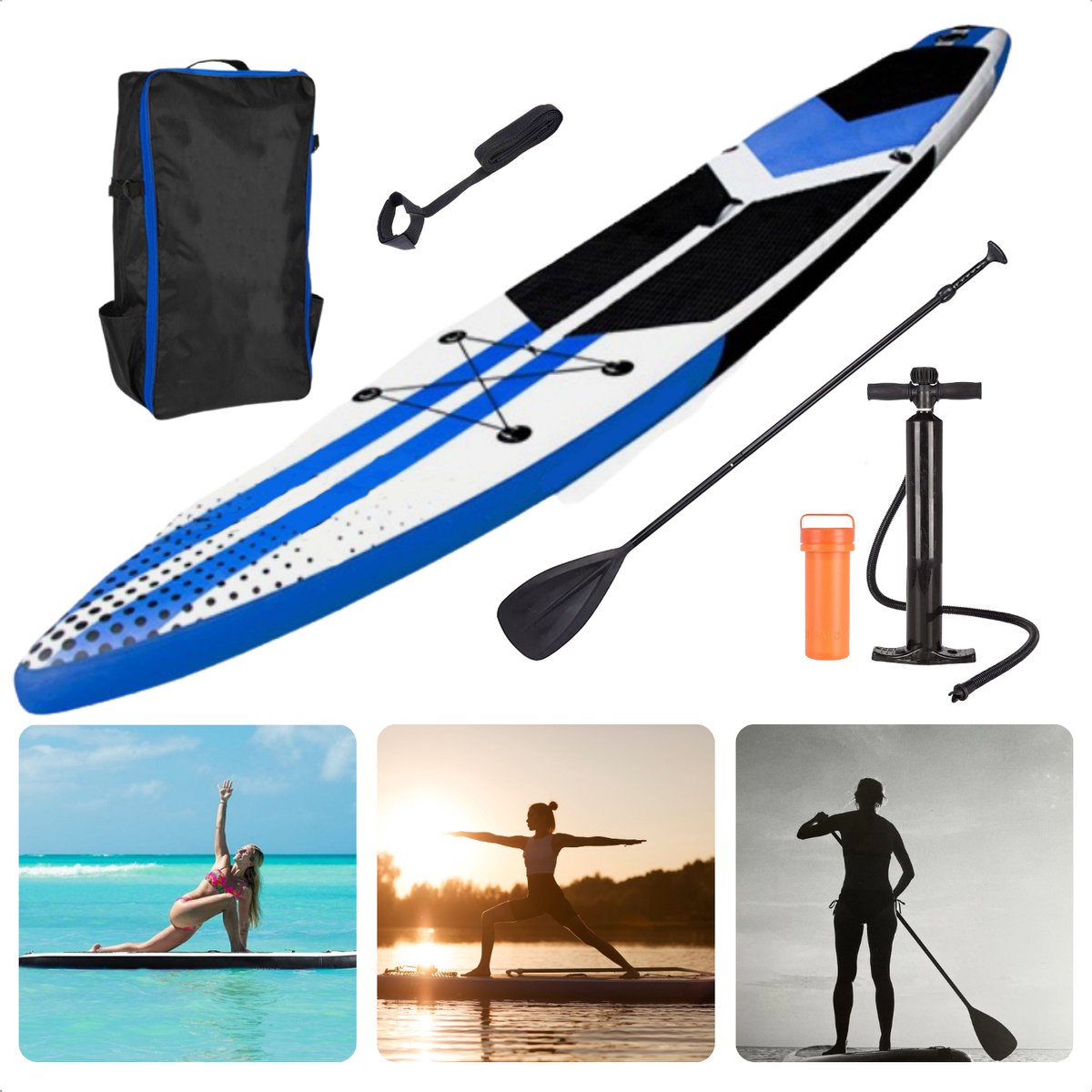 Complete SUP-Set - Opblaasbaar SUP Board - Stand Up Paddle Board - 350x79x15cm - EVA Grip - Double Layer - 150kg Belastbaar - Afneembare Vin - Aluminium Peddel - Handige Tas - Grote Pomp - Surf-Leash - 15kg - Inclusief EBOOK
