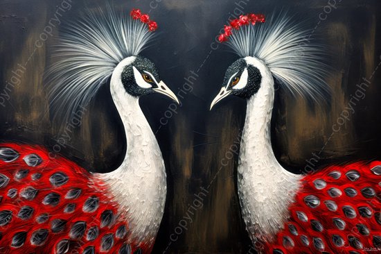 JJ-Art (Canvas) 150x100 | 2 Pauwen in geschilderde stijl, abstract, kunst | Vogel, dier, rood, bruin, zwart, wit, modern | Foto-Schilderij canvas print (wanddecoratie)