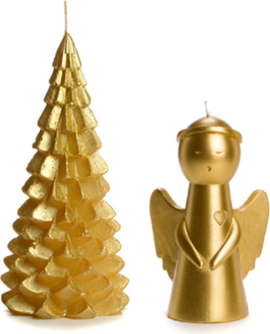 Cactula mooie kwaliteits kaarsen set Kerstboom 20 cm en Engel 16 cm in de kleur Goud