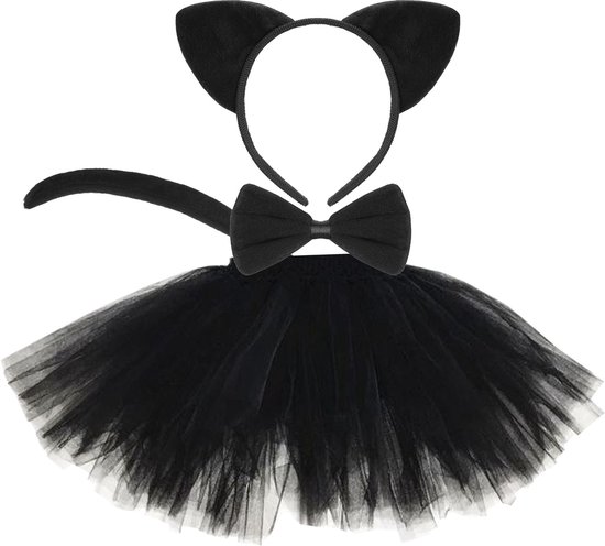 4 pièces Déguisement Chat Fille, Noir Tutu Jupe Bandeau Queue