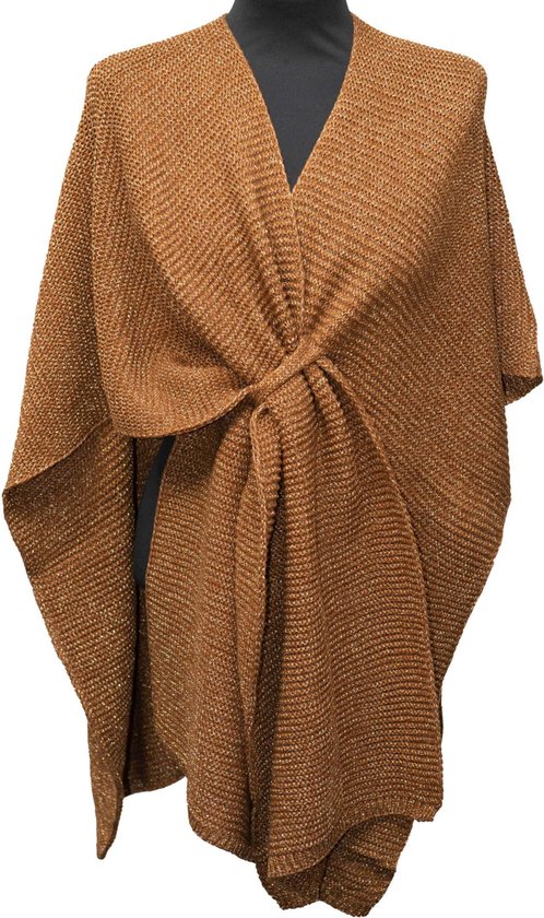 Audry poncho- Accessories Junkie Amsterdam- Dames- Hersft winter- Gebreide sjaal- Omslagdoek met geweven lus- Cognac met goud lurex