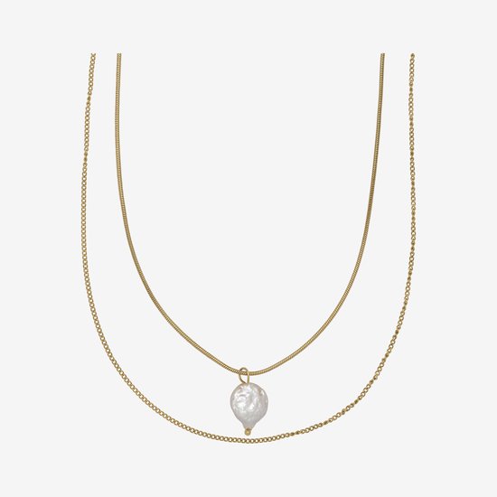 Essenza Double Chain Flat Pearl Necklace Gold