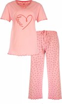 Dames Pyjama Set Tenderness – Hartjes print - 100% Gekamde Katoen – Roze - Maat M