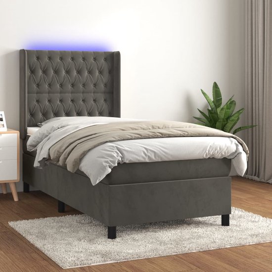The Living Store Bed LED - Donkergrijs Fluweel - 203 x 103 x 118/128 cm - Hoofdbord Verstelbaar - Pocketvering Matras - Huidvriendelijk Topmatras - Kleurrijke LED Verlichting - USB