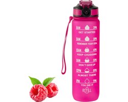 foto van Flow Goods Motivatie Waterfles - Donker Roze – Drinkfles met Rietje – Waterfles 1 Liter – Waterfles met Tijdmarkeringen
