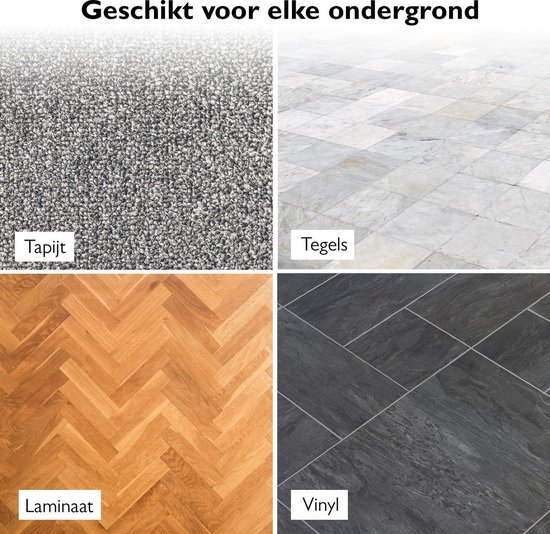 Vier afbeeldingen van vloeren: tapijt, tegels, laminaat en vinyl.