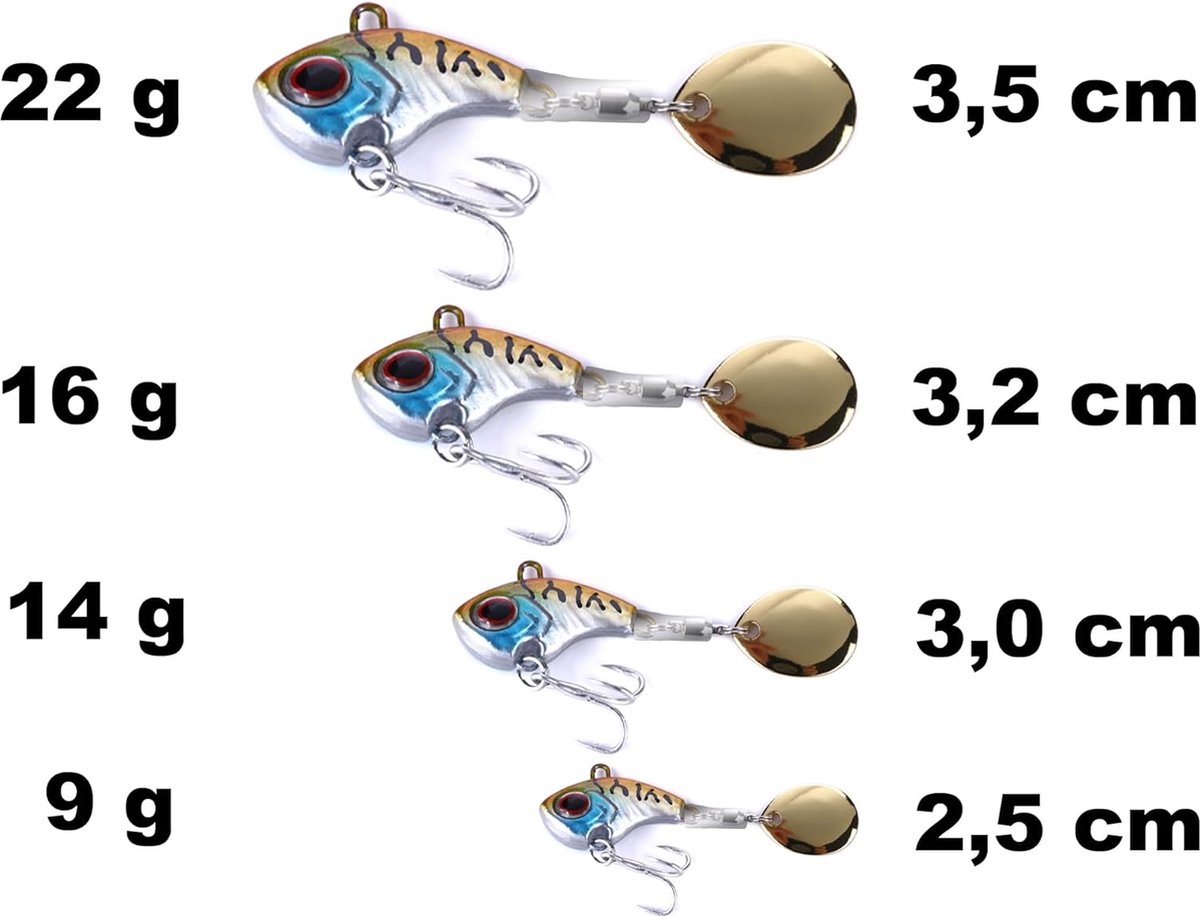Jig Spinner Set 5 x in box (selecteerbare gewichten: 9 g 14 g 16 g 22 g) spinnerbait spinner jig bait lood-kopspinner | doelvis: baars, forel, snoek, snoekbaars, meerval | roestvrije haken