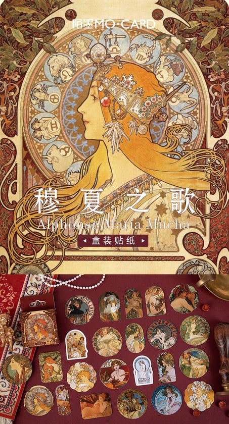 Stickers met Art Nouveau kunst, waaronder de beroemde litho's van Alphonse Mucha met vrouwen en bloemen.