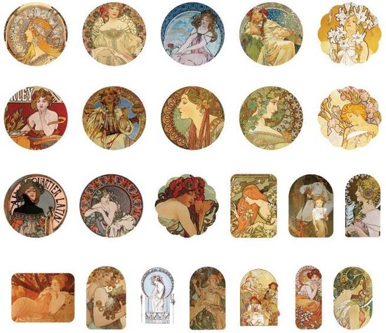 Set van 20 Art Nouveau stickers met vrouwenfiguren en bloemen, in diverse ronde en ovale vormen.