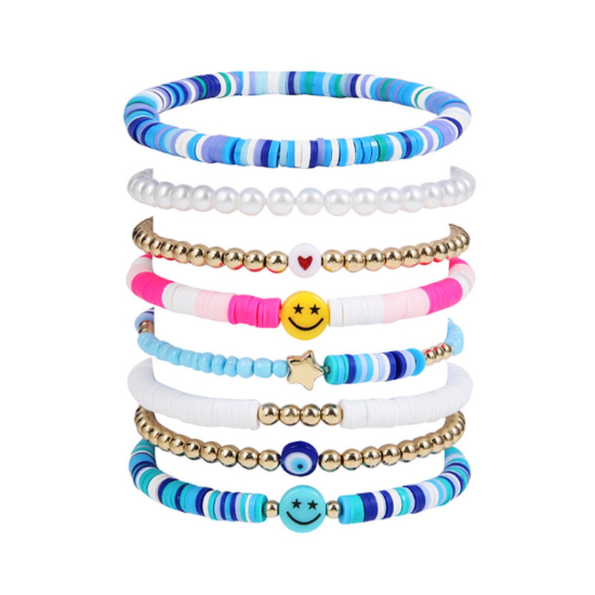 Smiley Armbanden Set - Blauw | 8- delig | Polymeer Klei | Fashion Favorite  | bol