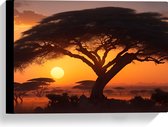 Canvas - Silhouet van Grote Acacia Boom op Savanne tijdens Zonsondergang - 40x30 cm Foto op Canvas Schilderij (Wanddecoratie op Canvas)