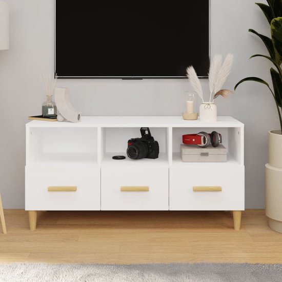 The Living Store TV-meubel Basic - Wit - 102 x 36 x 50 cm - Bewerkt hout en massief eucalyptushout