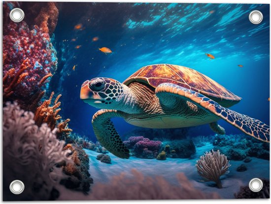 Tuinposter – Grote Zeeschildpad Zwemmend bij Koraal op de bomen van de Zee - 40x30 cm Foto op Tuinposter (wanddecoratie voor buiten en binnen)