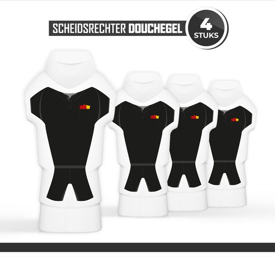 Foto: Douchegel scheidsrechter 4 stuks cadeau week van de scheidsrechters gift showergel sport cadeautje scheids voetbal rugby hockey handbal bedankt tenue wedstrijd toernooi rode gele kaart scheidsrechtersshirt shirt zwart