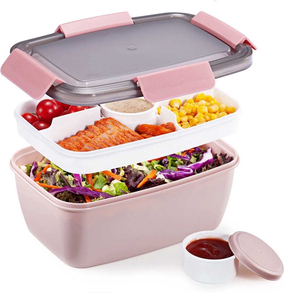 Luxe Meerlaagse Lunchbox met Vakjes Roze 2L – Lunchbox Volwassenen – Japanse Bento Box – Lunchbox Kinderen – Salade To Go – Brooddoos Volwassenen – Broodtrommel – Lunchtrommel – Salade Lunchbox – Saladebox – Salade Box
