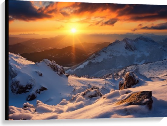 Canvas - Uitzicht op Zonsondergang vanaf Besneeuwde Berg - 100x75 cm Foto op Canvas Schilderij (Wanddecoratie op Canvas)