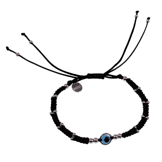 Handgemaakt Armband - Blauw Turks Oog - RVS - Unisex - Zwarte Macramé Armband - Verstelbaar