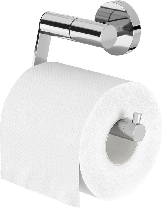 Gepolijste RVS toiletrolhouder zonder klep met toiletrol.