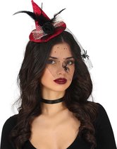 Halloween heksenhoed - mini hoedje op diadeem met sluier - one size - rood - meisjes/dames