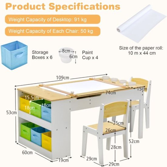 COSTWAY Kindertafel met 4 stoelen, kinderzitgroep, in hoogte