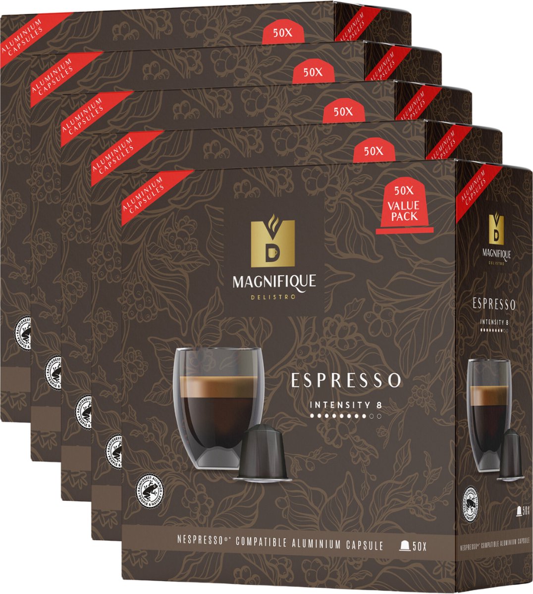 Magnifique Delistro Espresso Nespresso compatible cups 5 dozen met 50 cups totaal 250 Cups