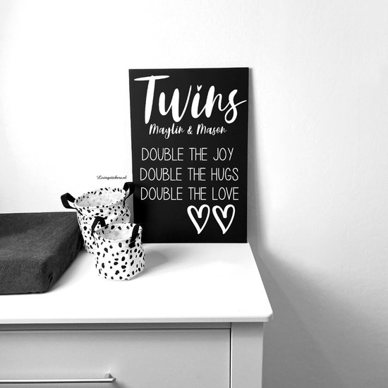 Decoratie bord babykamer-Tweeling-tekstbord-twins-double-met-namen