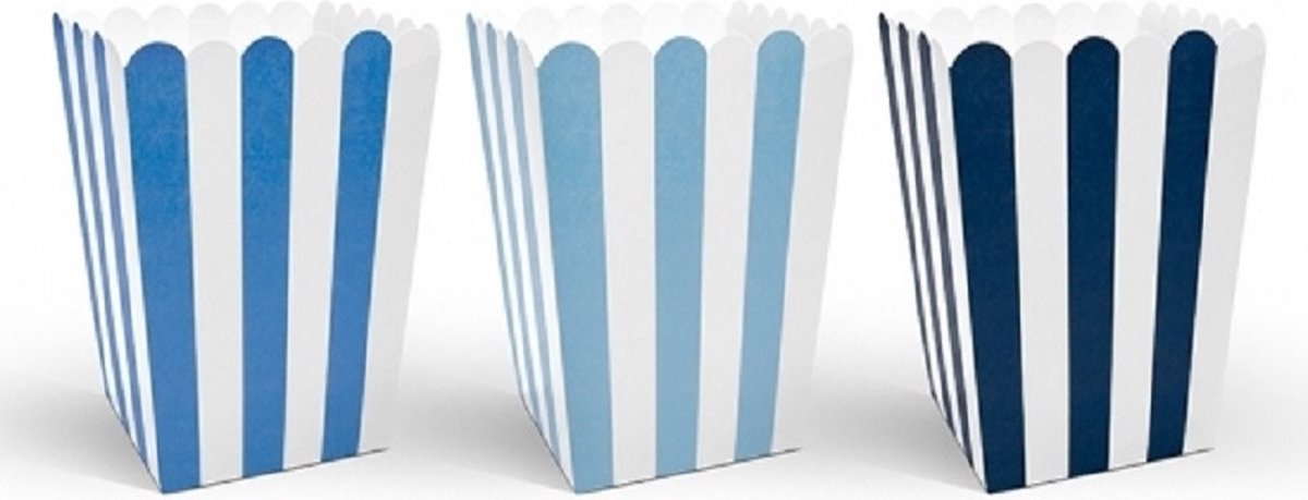 Partydeco Gestreepte popcorn bakjes blauw - 24x stuks - 7,5 x 7,5 x 12,5 cm - Snoep bakjes