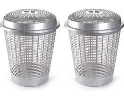 Plasticforte Wasmand met deksel - 2x stuks - 50 liter - zilverkleurig - rond - D45 x H57 cm - opbergmand