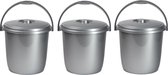 3x Afsluitbare emmers met deksel 15 liter zilver - Afval scheiden - Afvalemmer/vuilnisemmer - Luieremmer - Schoonmaken/reinigen - Wasemmer