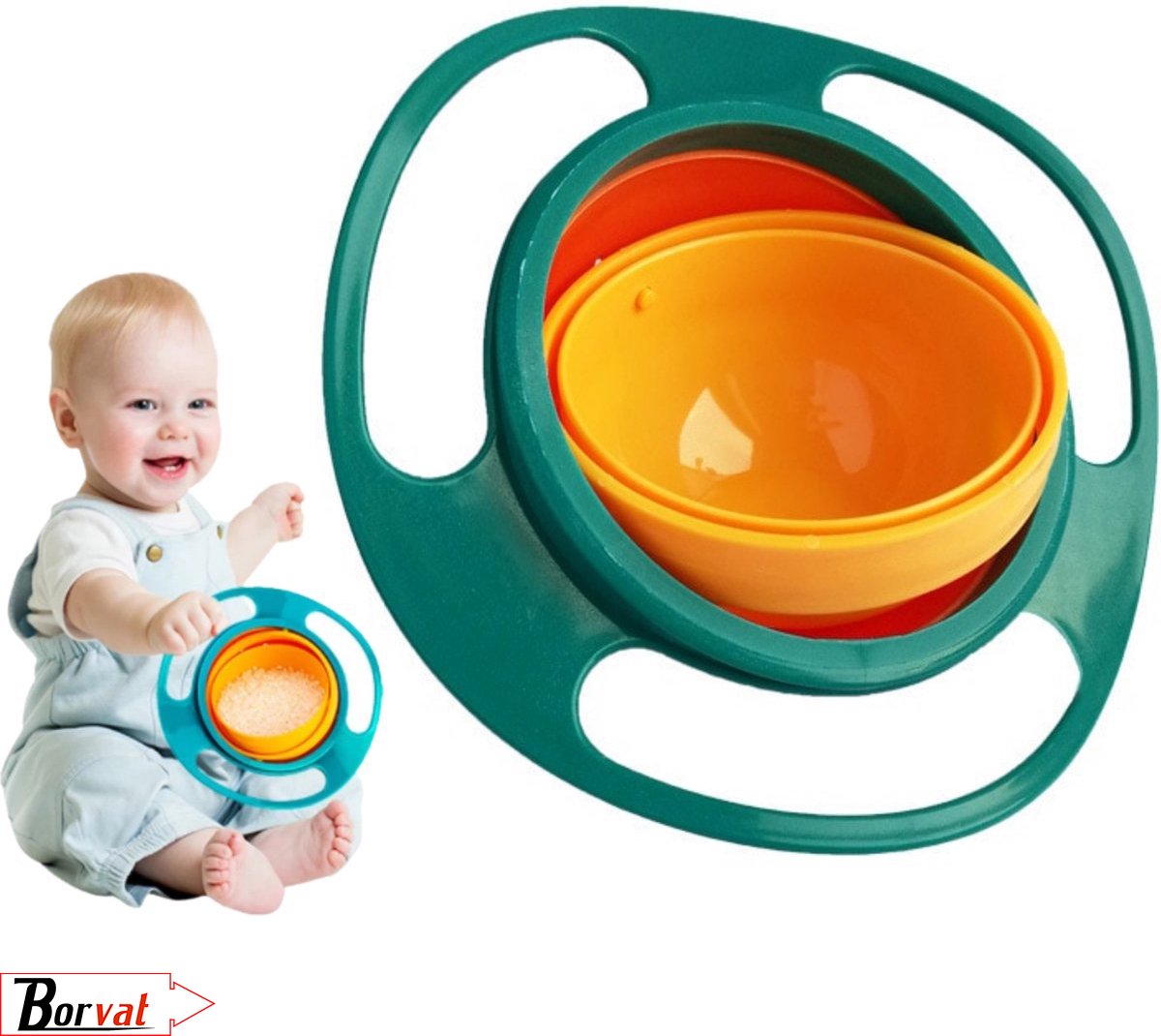 Borvat® |Anti knoei bakje - 360 graden - Baby Kom - Anti mors - Baby Servies - Eetbakje Kind - Geel en groen